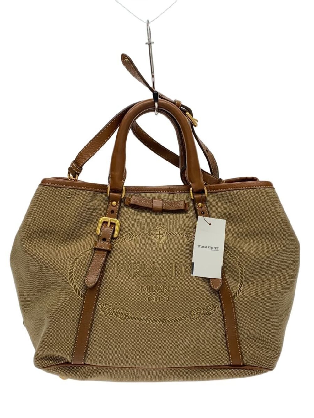 Prada Jacquard Shoulder Tote Bag Canvas Camel Brown